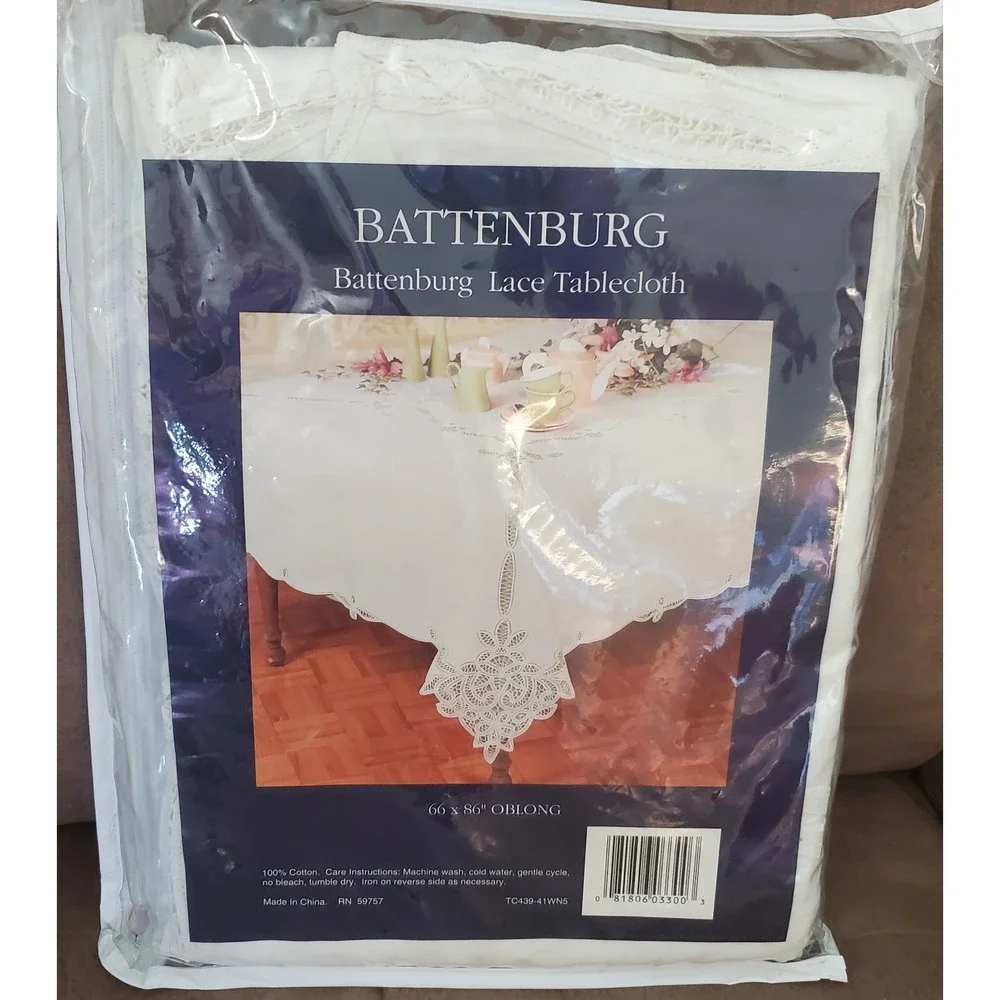 Vintage Battenburg Lace White Tablecloth 66x86 Oblong 100% Cotton Exquisite NOS